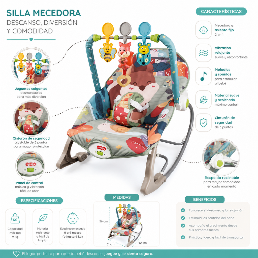 SILLA ROCKER MECEDORA CON VIBRACOIN MUSICAL ARDILLA ROSADA - imagen 1