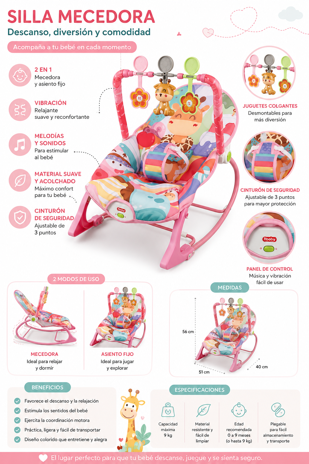 SILLA ROCKER MECEDORA CON VIBRACOIN MUSICAL JIRAFA ROSADA - imagen 1