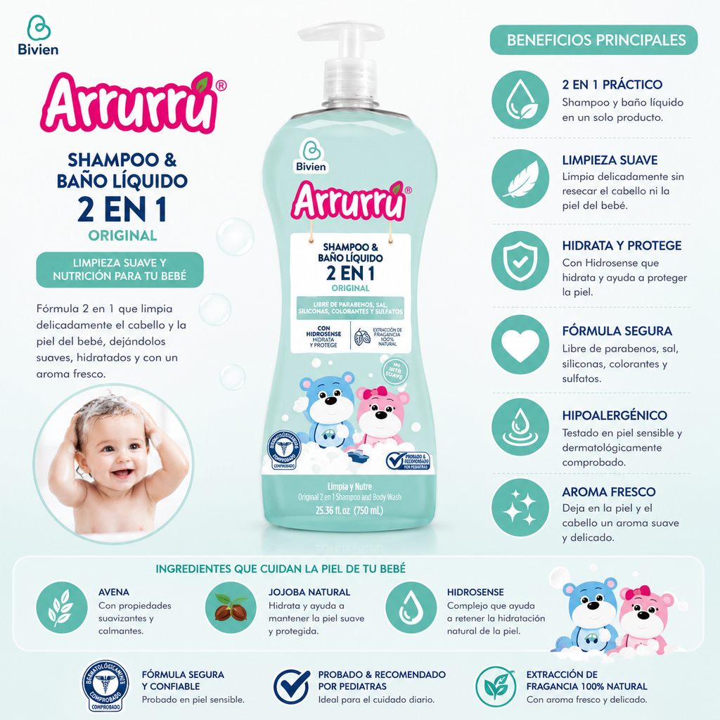 SHAMPO Y BAÑO LIQUIDO 2 EN 1 ARRURU ORIGINAL X 750 - imagen 1